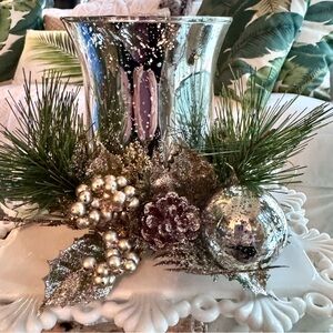 NIB! Mercury Glass Silver Hurricane Christmas New Years Centerpiece